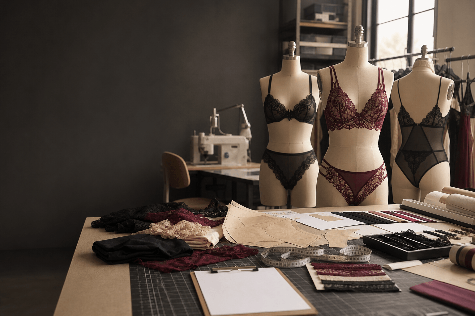 Illustrative lingerie sample-development workspace